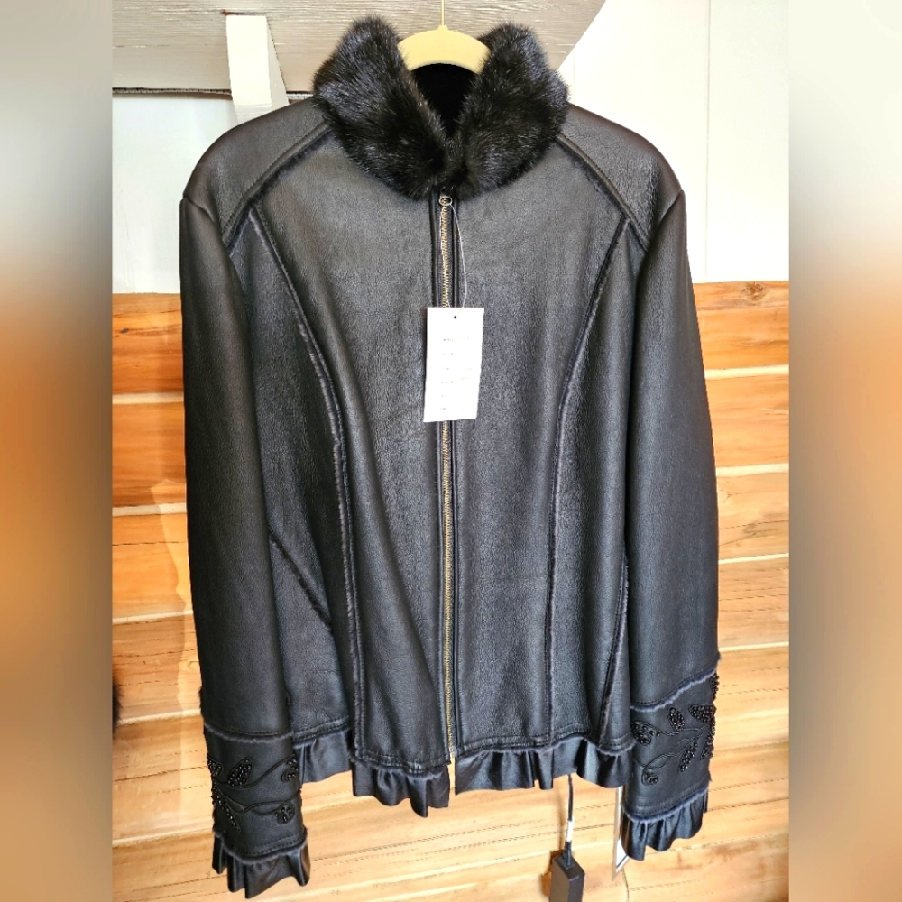 Custom hand beaded black LEATHER $8000 NWT black shearing with mink collar XL